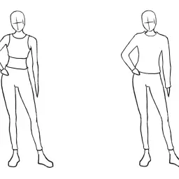 Dibujo maniquí con ropa deportiva, uno con top y mallas, el otro con camiseta y mallas.