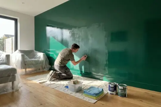 Hombre lijando una pared verde brillante antes de pintar. Muebles cubiertos con plástico.